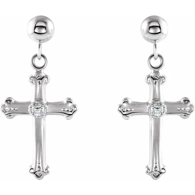 14K White Diamond Cross & Ball Earrings-