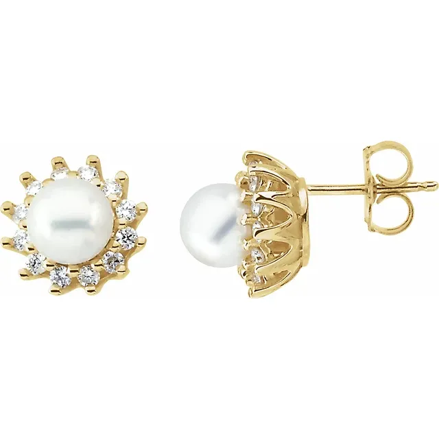 14K Yellow Akoya Cultured Pearl & 1/3 CTW Diamond Earrings-