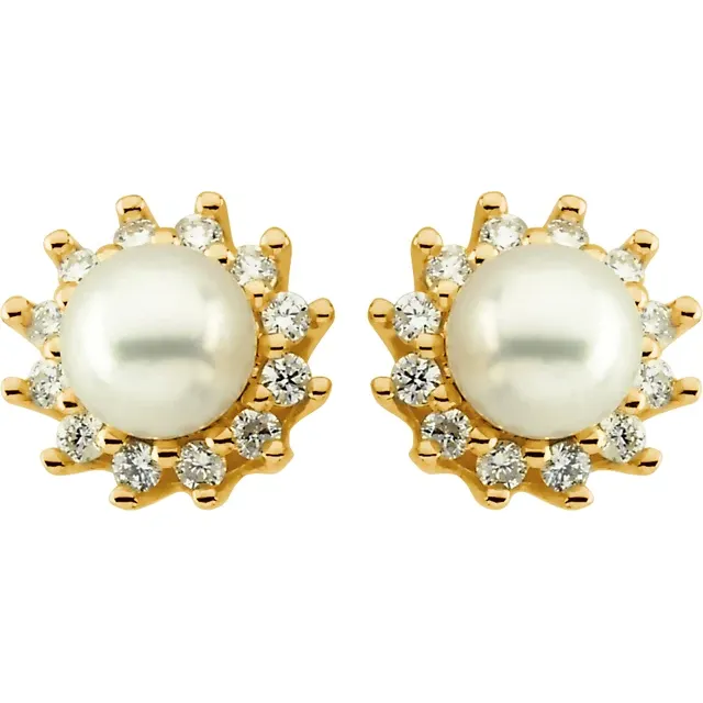 14K Yellow Akoya Cultured Pearl & 1/3 CTW Diamond Earrings-
