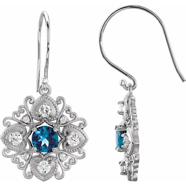 14K White London Blue Topaz & 1/2 CTW Diamond Vintage-Inspired Filigree Earrings-
