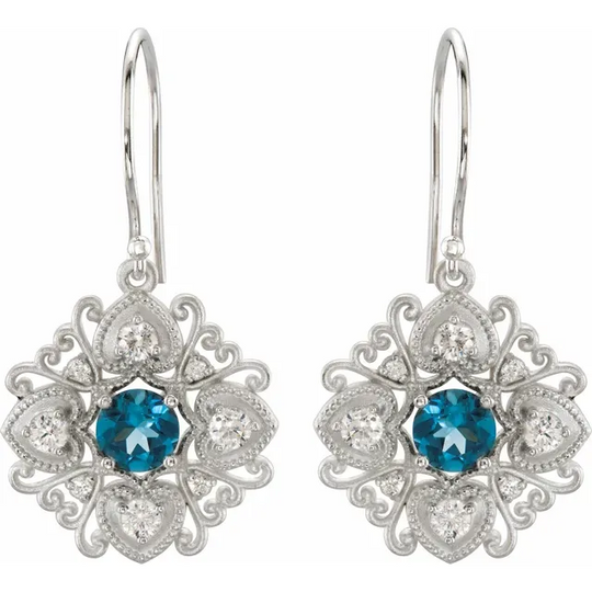 14K White London Blue Topaz & 1/2 CTW Diamond Vintage-Inspired Filigree Earrings