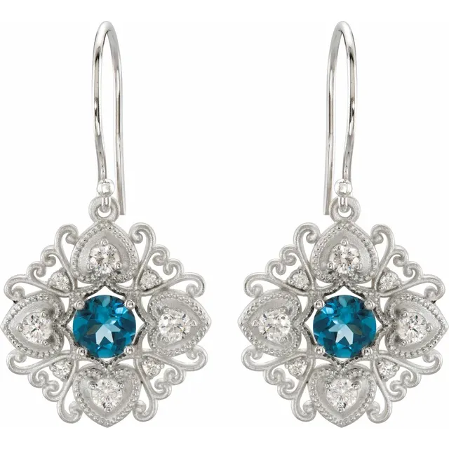 14K White London Blue Topaz & 1/2 CTW Diamond Vintage-Inspired Filigree Earrings-