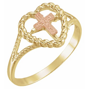 14K Yellow/Rose Heart Rope Ring with Cross-