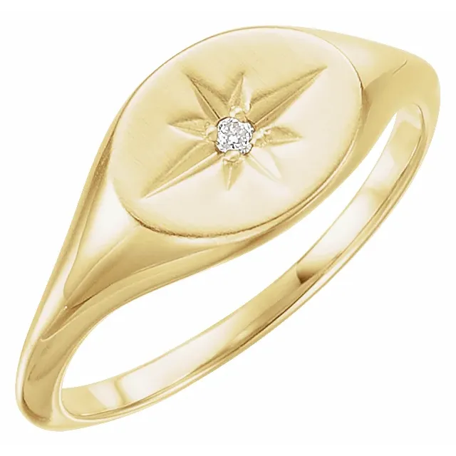14K Yellow .02 CT Diamond 10x8 mm Oval Starburst Signet Ring-
