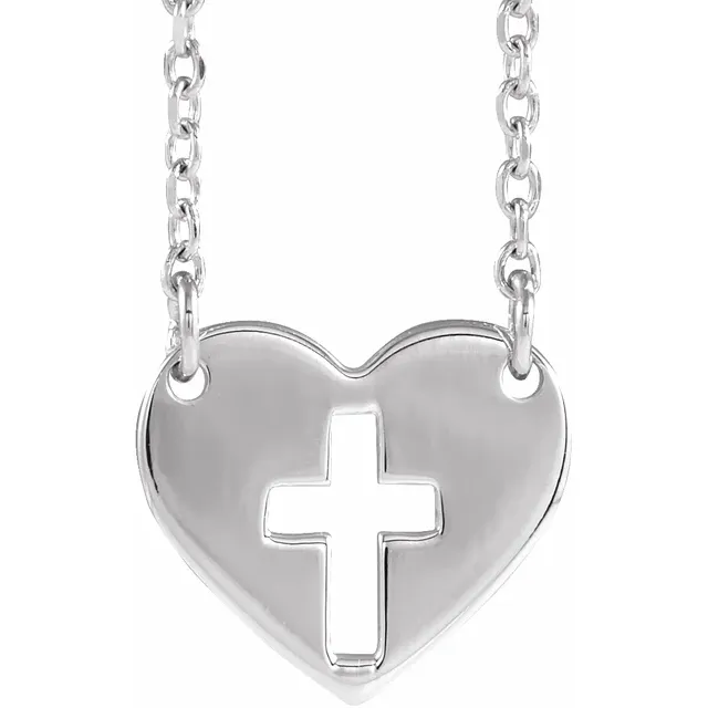 14K White Pierced Cross Heart 16-18" Necklace-