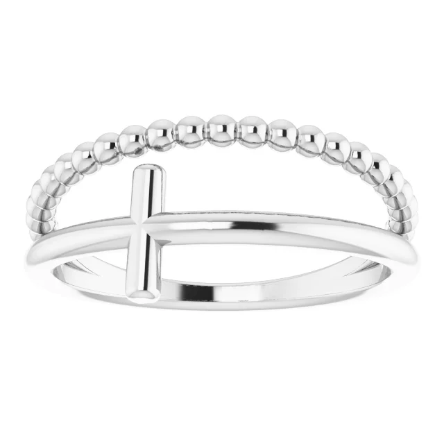 14K White Negative Space & Beaded Cross Ring-