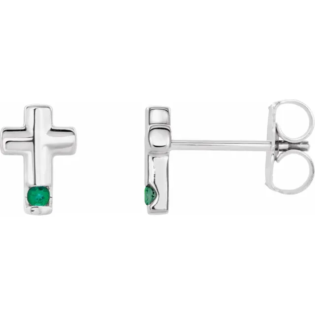 14K White Lab-Grown Emerald Cross Earrings-