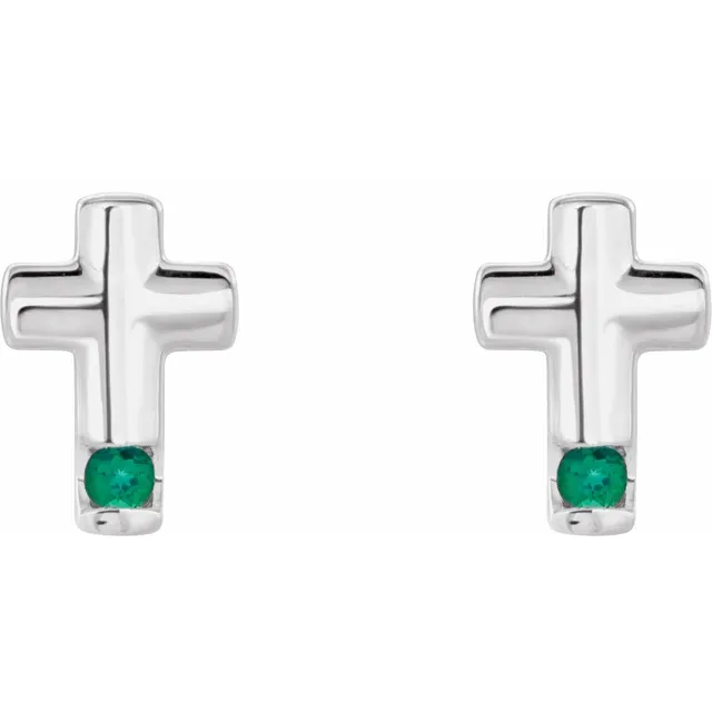 14K White Lab-Grown Emerald Cross Earrings-