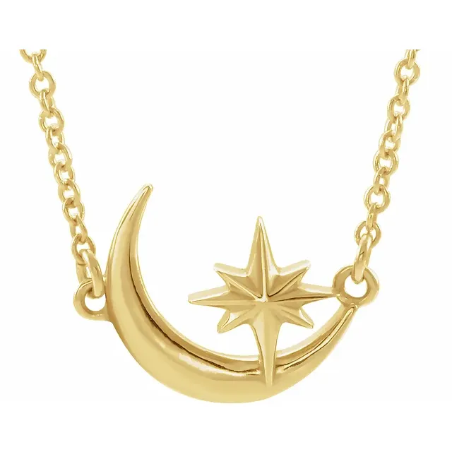 14K Yellow Crescent Moon & Star 16-18" Necklace-