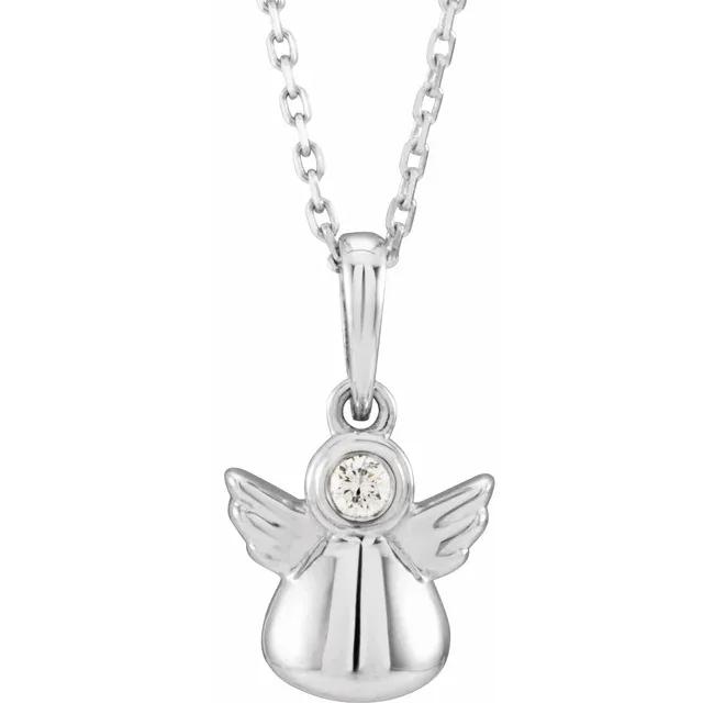 14K White .03 CT Diamond Youth Angel 15" Necklace-