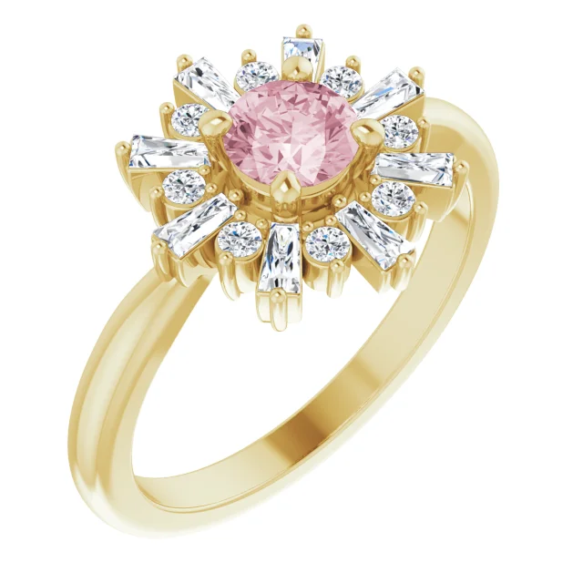 14K Yellow 5 mm Round Pink Morganite & 3/8 CTW Diamond Ring-