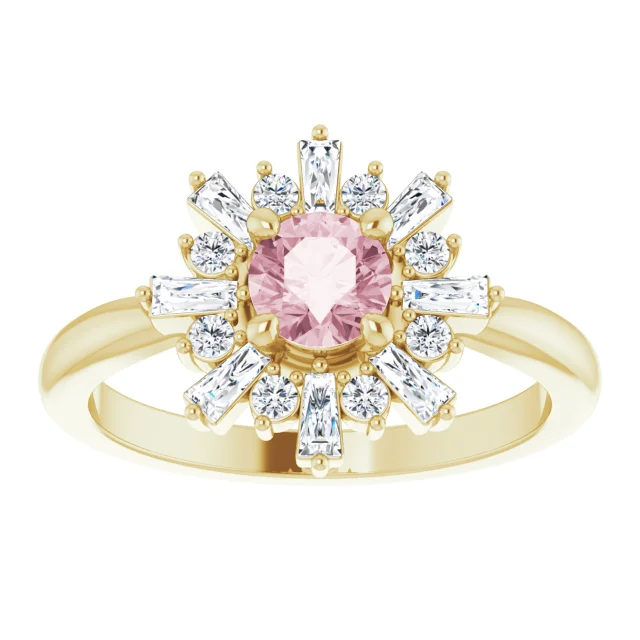14K Yellow 5 mm Round Pink Morganite & 3/8 CTW Diamond Ring-