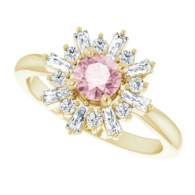 14K Yellow 5 mm Round Pink Morganite & 3/8 CTW Diamond Ring-