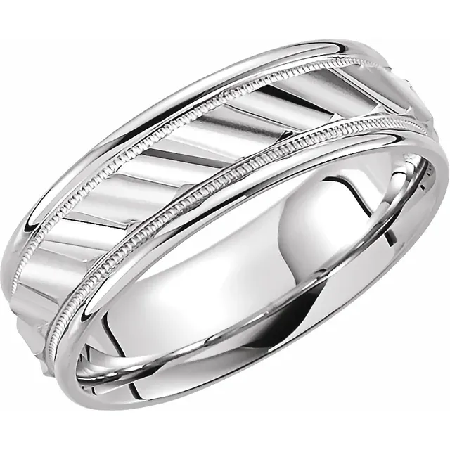 14K White 6.75 mm Ridged Band with Milgrain Size 8-