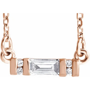14K Rose 4x2 mm Straight Baguette Forever One Moissanite & .02 CTW Diamond 18" Necklace-