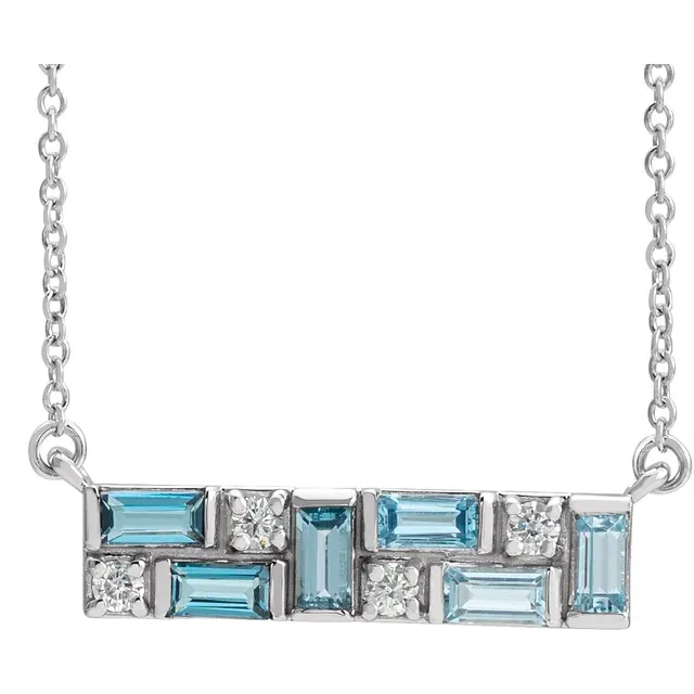 14K White Blue Multi-Gemstone & 1/8 CTW Diamond Bar 18" Necklace-