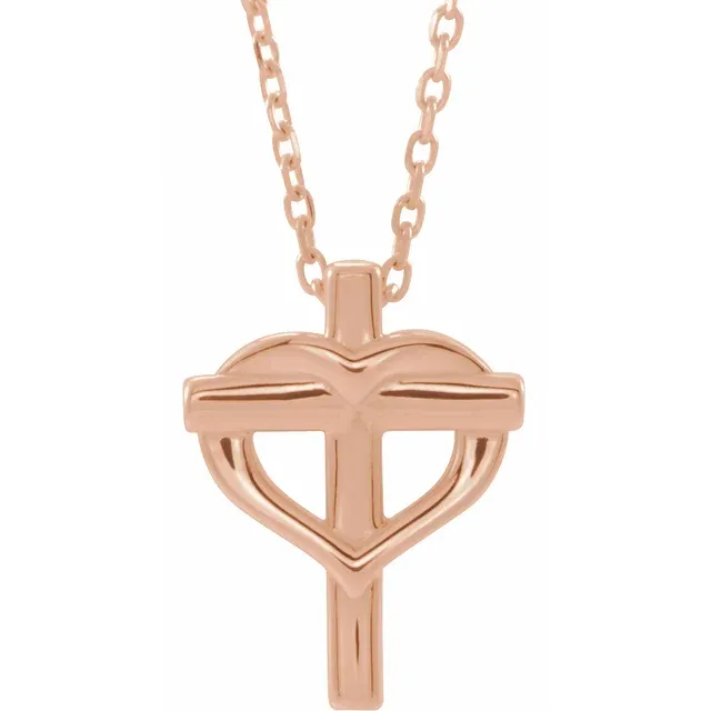 14K Rose Youth Cross with Heart 15" Necklace-