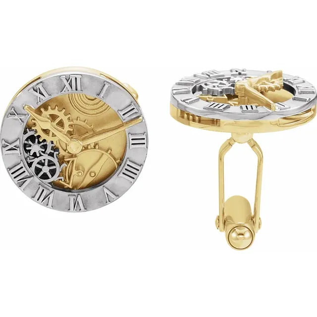 14K Yellow & Sterling Silver Clock Design Cuff Links-