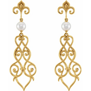 14K Yellow Fleur-De-Lis Scroll Akoya Cultured Pearl Earrings-