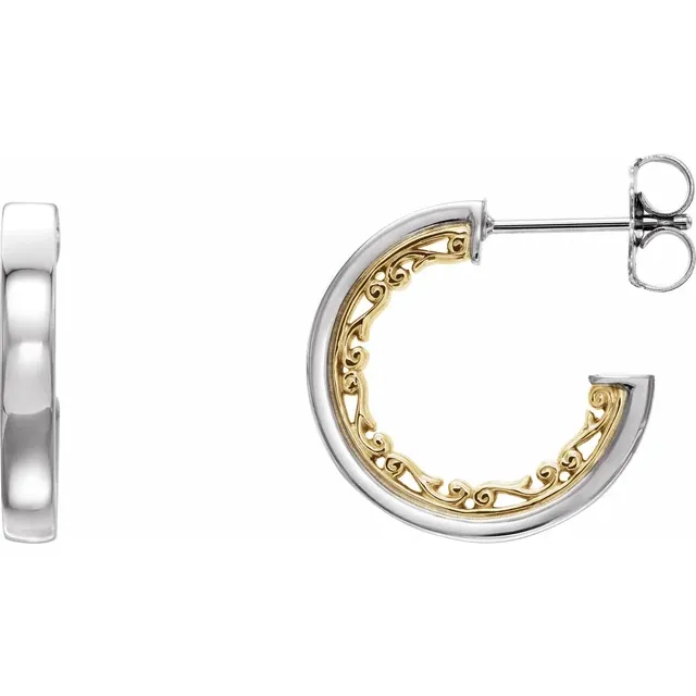 14K White & Yellow 16x2.6 mm Vintage-Inspired Hoop Earrings-