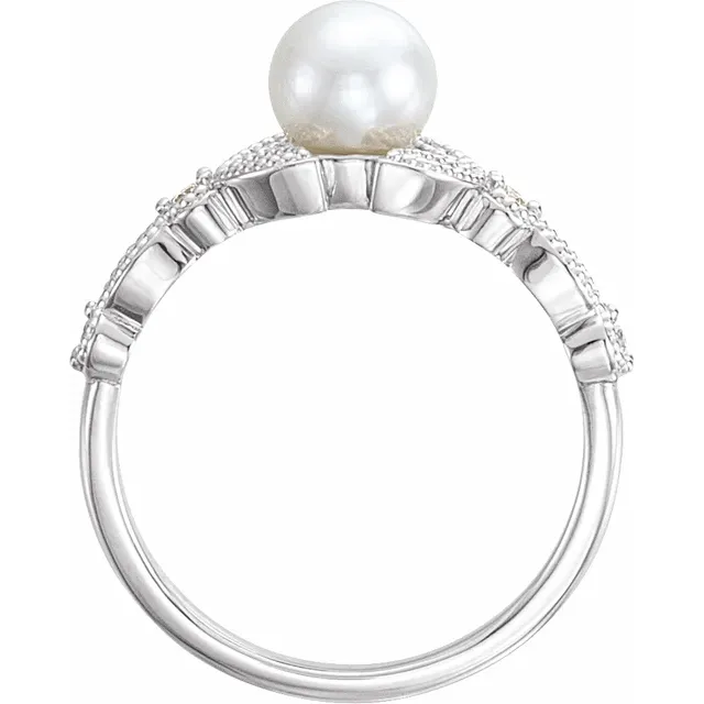 Platinum Freshwater Pearl & 1/10 CTW Diamond Leaf Ring-
