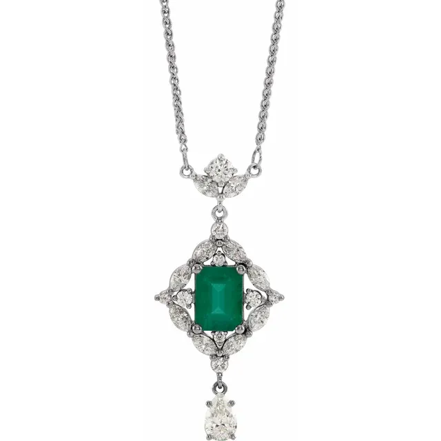 Platinum Emerald & 1 1/4 CTW Diamond 16" Necklace-