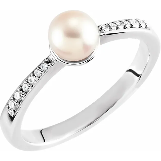 14K White Freshwater Cultured Pearl & .07 CTW Diamond Ring-