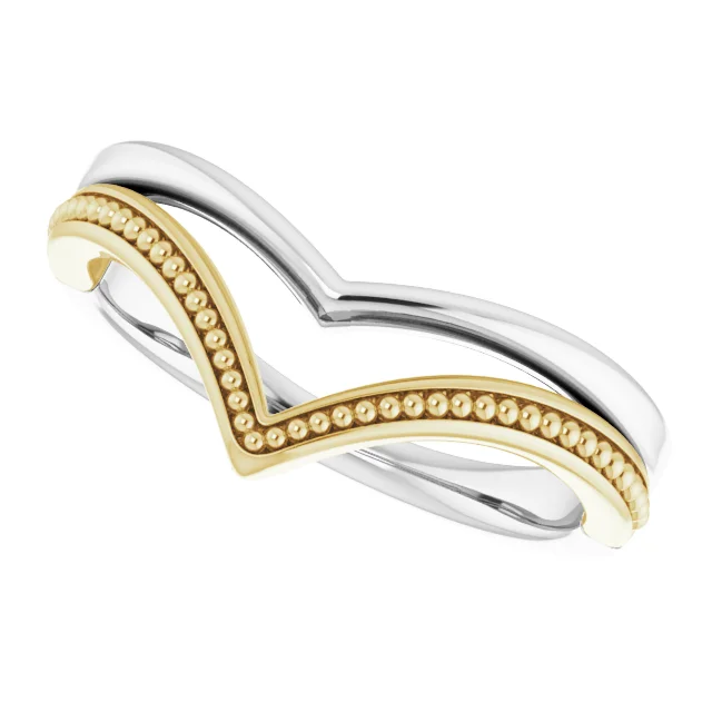 14K White & Yellow Beaded V Ring-