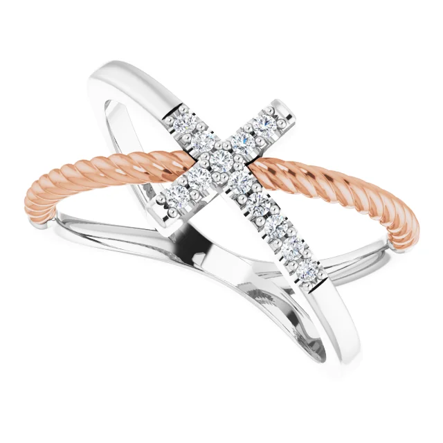14K White & Rose 1/10 CTW Diamond Cross Rope Ring-