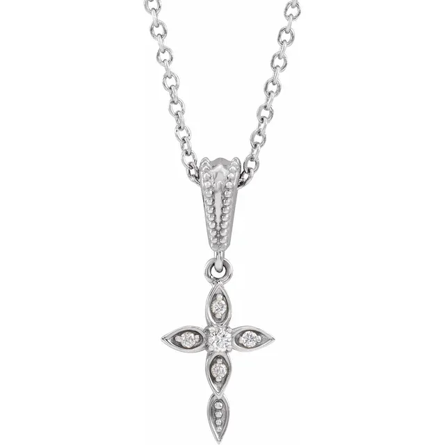 Platinum .03 CTW Diamond Petite Vintage-Inspired 16-18" Cross Necklace-