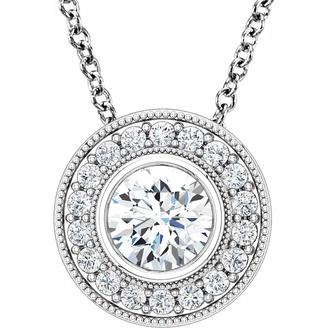 14K White 6.5 mm Round Forever One Moissanite & 1/3 CTW Diamond 18" Necklace-