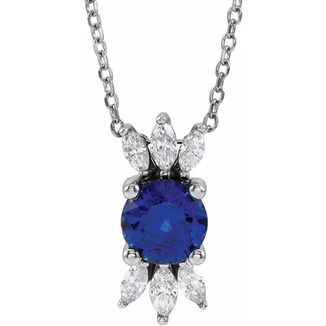 14K White Blue Sapphire & 1/4 CTW Diamond 16-18" Necklace-