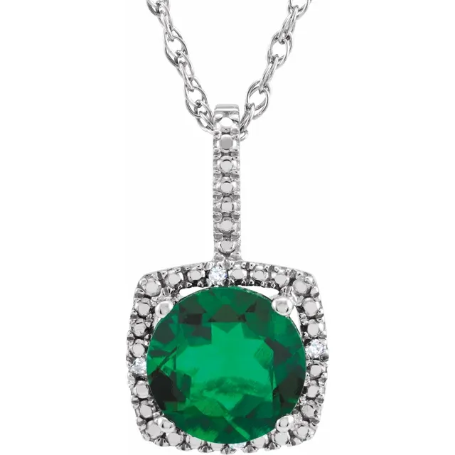 Sterling Silver 7 mm Lab-Grown Emerald & .015 CTW Diamond 18" Necklace-