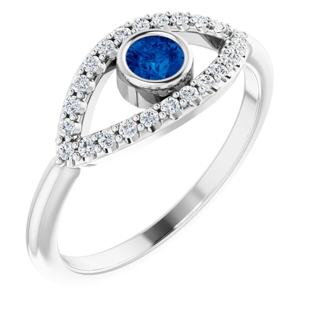 14K White Blue Sapphire & White Sapphire Evil Eye Ring-