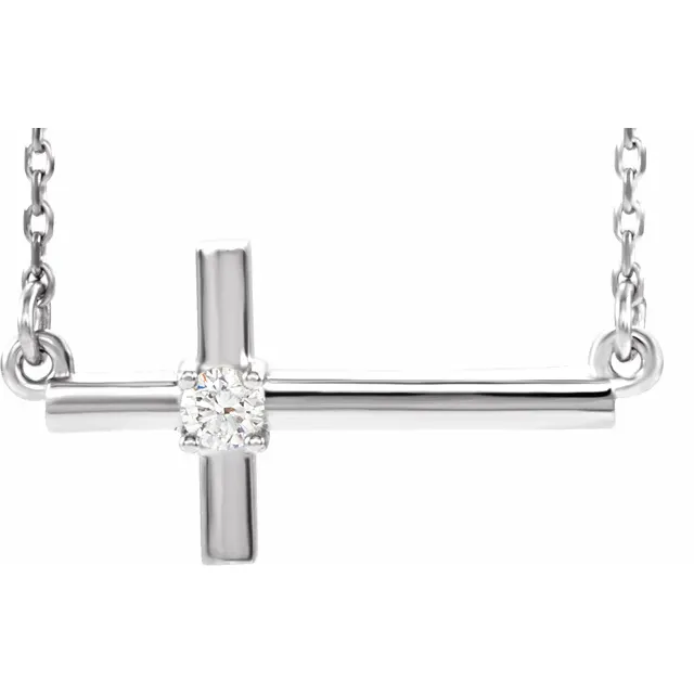 14K White 1/10 CTW Diamond Sideways Cross 16-18" Necklace-