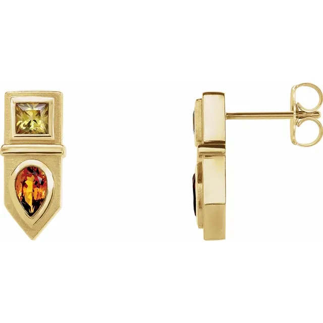 14K Yellow Multi-Gemstone Geometric Bar Drop Earrings-