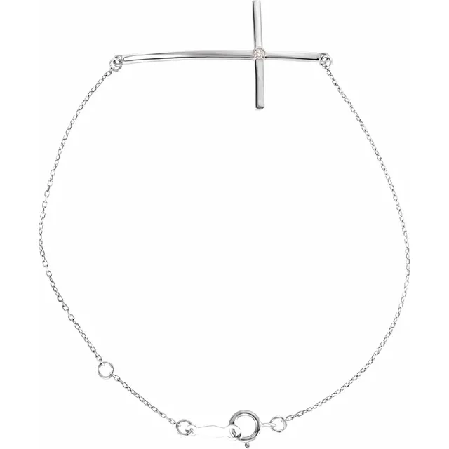 14K White Diamond Sideways Cross Bracelet-
