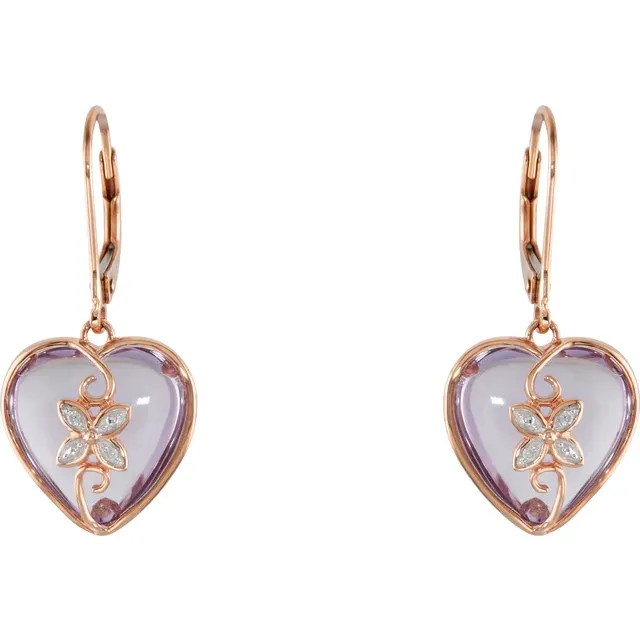 14K Rose Cabochon Rose de France Heart & .06 CTW Diamond Earrings-