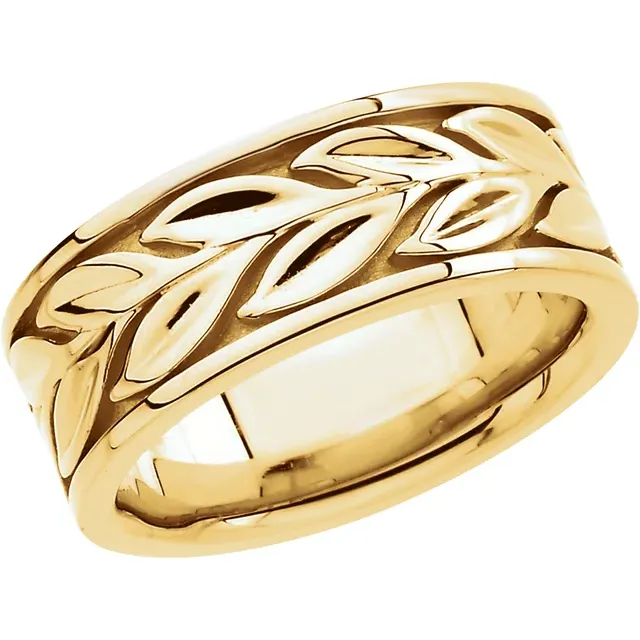14K Yellow 8 mm Leaf Design Band Size 7-7.00 (approximate standard size)-