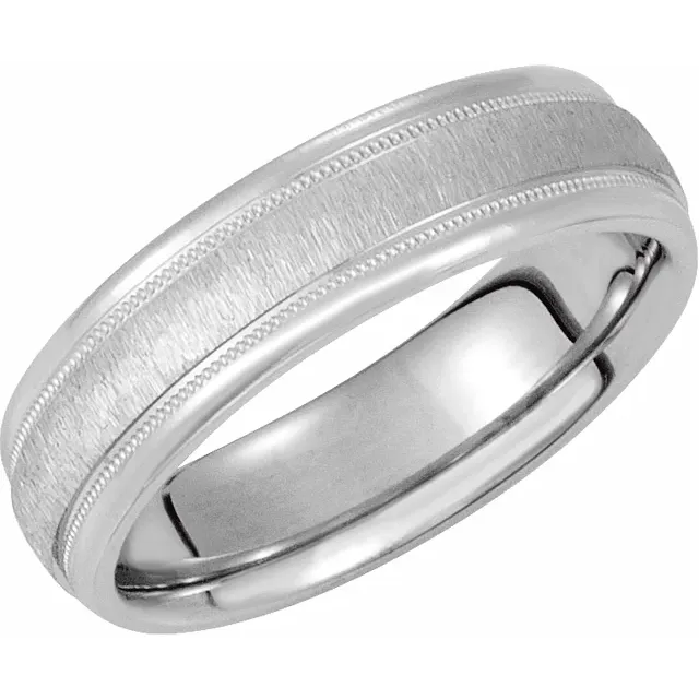 14K White 6 mm Half Round Band with Milgrain & Florentine Finish Size 4.5-4.5-