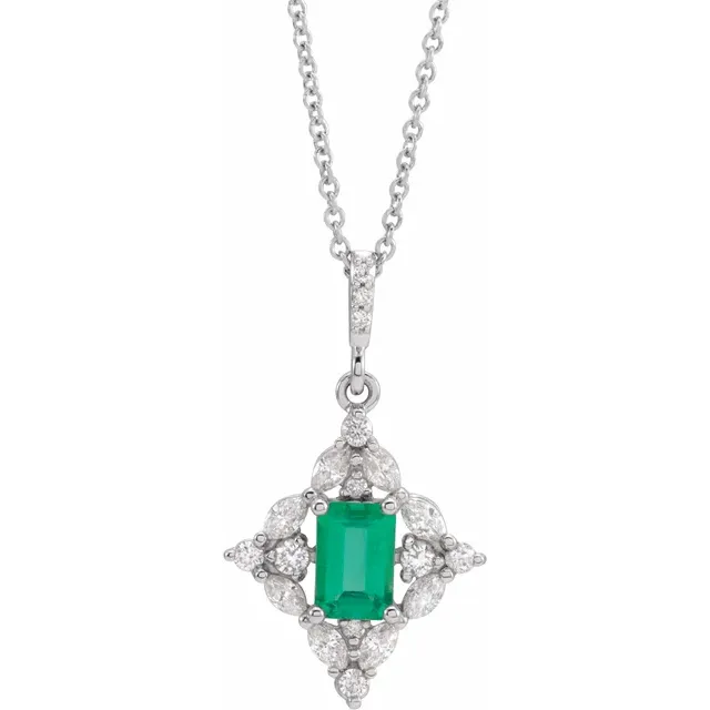 Platinum Emerald & 1/3 CTW Diamond 16-18" Necklace-
