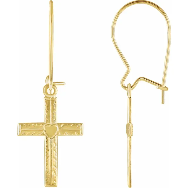 14K Yellow 13x10 mm Heart Design Cross Earring-