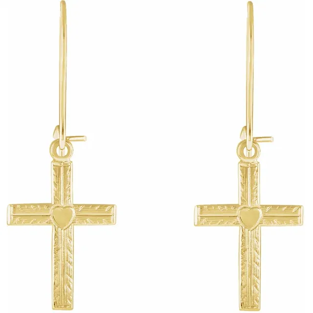 14K Yellow 13x10 mm Heart Design Cross Earring-