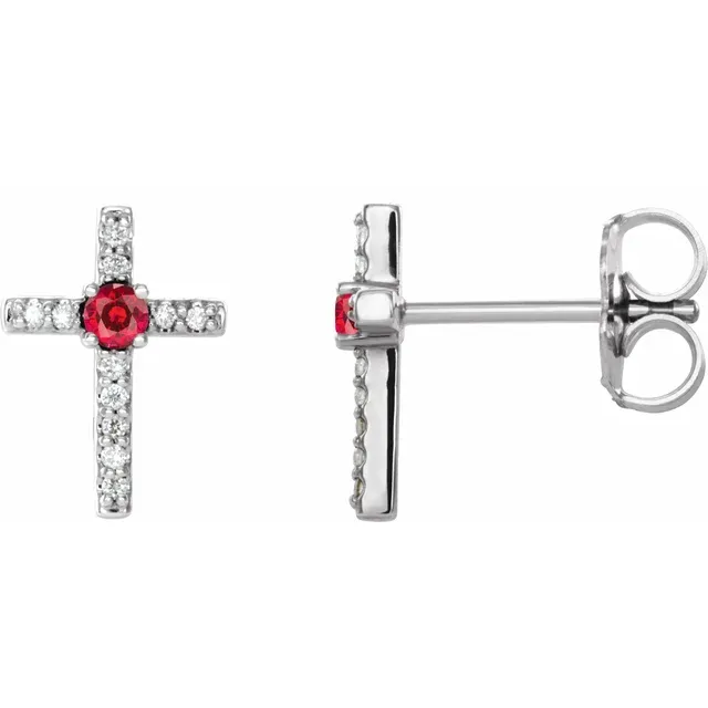 14K White Ruby & .05 CTW Diamond Cross Earrings-