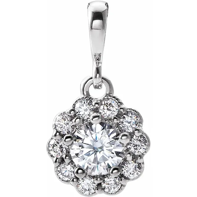 14K White Forever One Moissanite & 1/6 CTW Diamond Pendant-