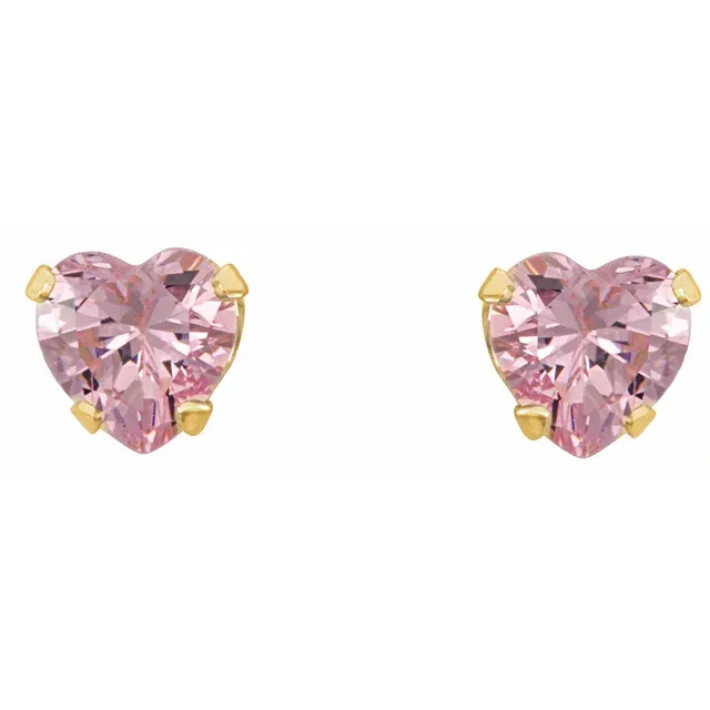 14K Yellow 4x3.5 mm Heart Pink Cubic Zirconia Youth Stud Earrings