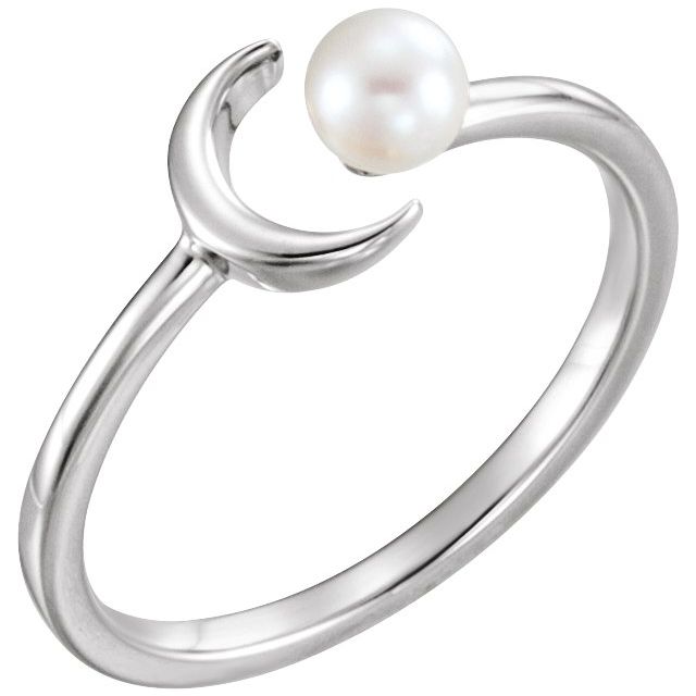 Cultured White Freshwater Pearl Crescent Moon Ring-14kt White Gold-