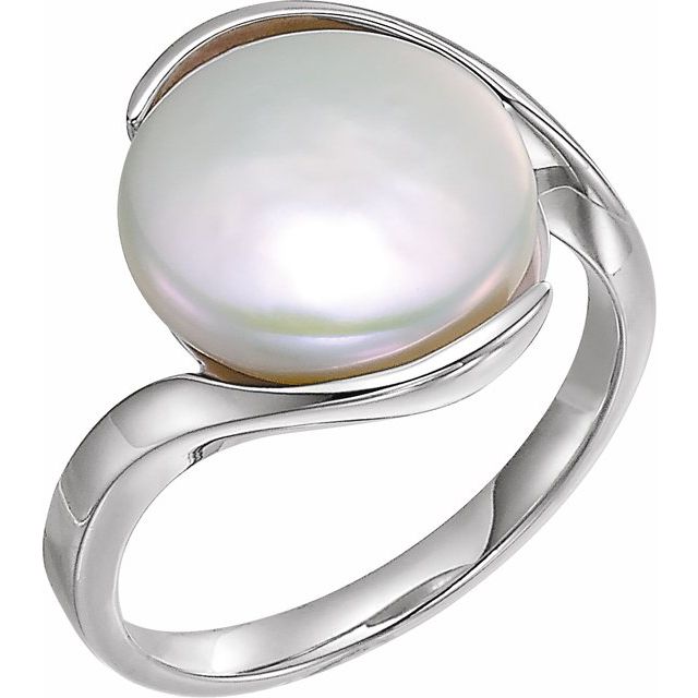 Sterling Silver Cultured White Freshwater Pearl Coin Ring-