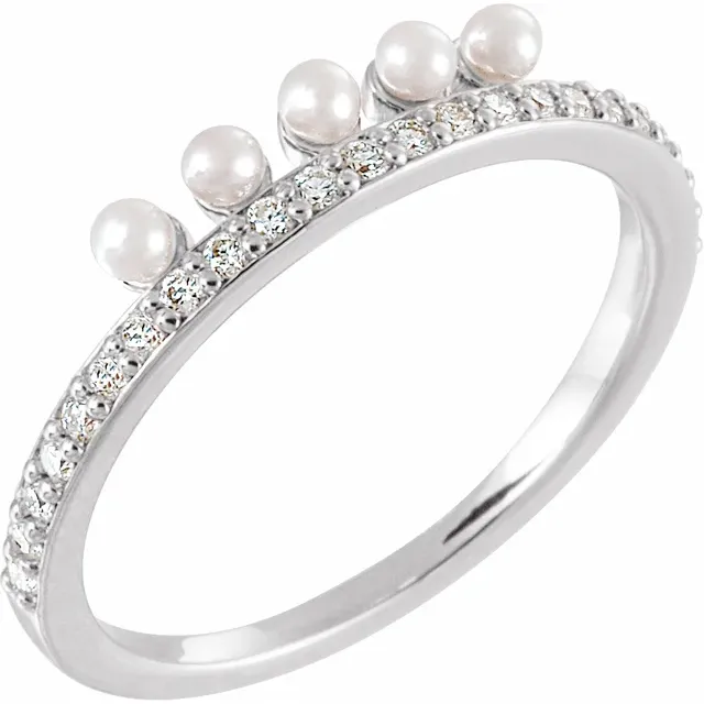 14K White Freshwater Cultured Pearl & 1/5 CTW Diamond Stackable Ring