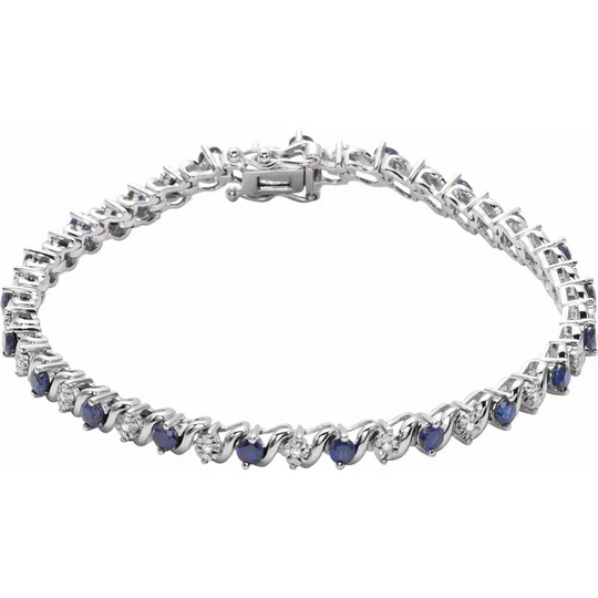 14K White Lab-Grown Blue Sapphire & 1/1 CTW Diamond Line 7" Bracelet